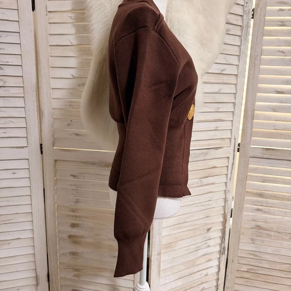 Women's Brown V-Neck Single-Button Knit Cardigan - Picture 3 of 10